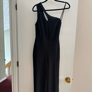Black, one shoulder, jumpsuit with pockets
